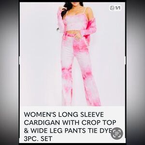3-Piece Pink Tie-Dye Lounge Set - Crop Top, Cardigan & Wide Leg Pants